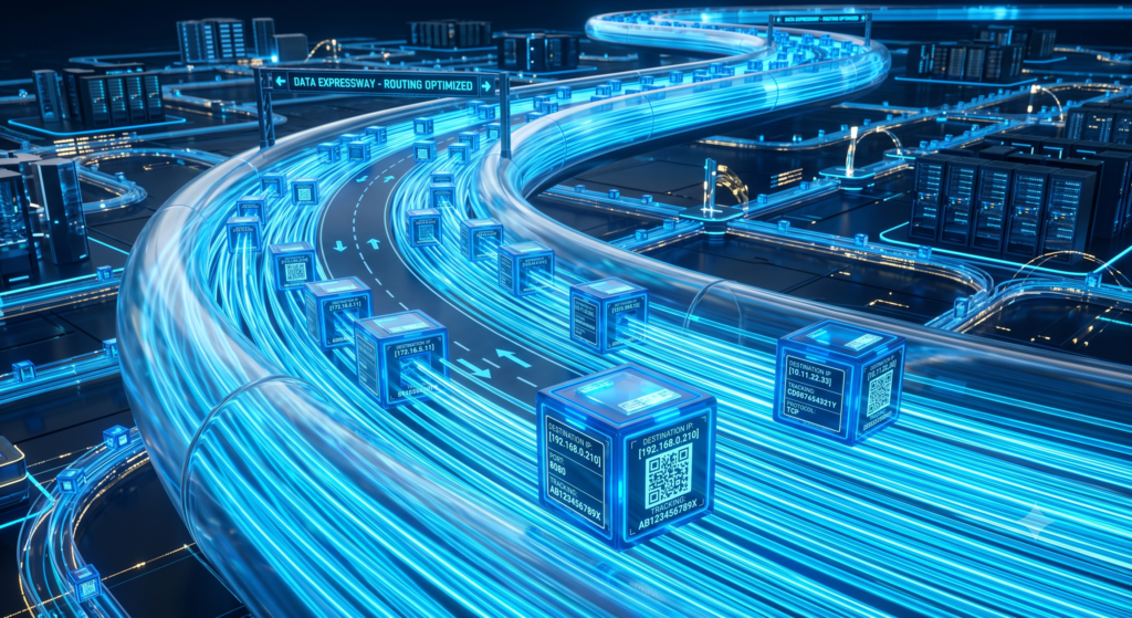 Caixas digitais etiquetadas trafegando por cabos de luz, simulando pacotes de dados e o envio logístico do TCP/IP.