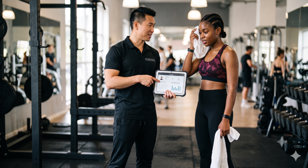 Aluna conversando com personal trainer que usa tablet com aplicativo de IA para auxiliar treino físico.