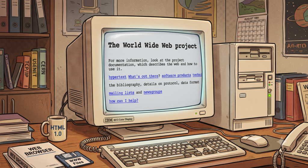 Tela de computador antigo exibindo uma página de hipertexto simples com links, representando a origem do HTML no CERN.