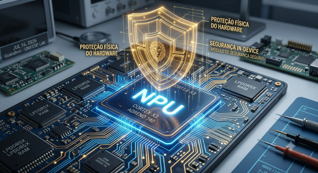 Close-up de um chip NPU de smartphone protegido por um escudo holográfico, simbolizando a segurança de dados locais.