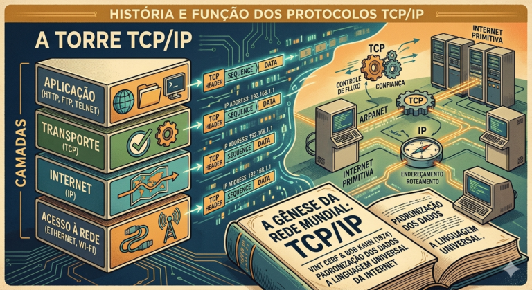 Protocolo TCP/IP ilustrado como uma torre de camadas: acesso à rede, internet, transporte e aplicação.
