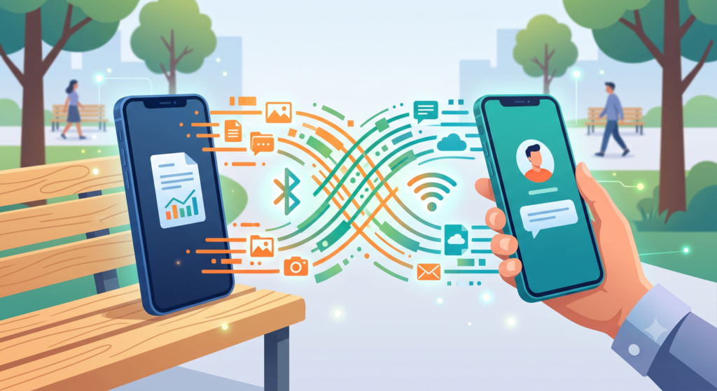 Dois smartphones próximos exibindo linhas de conexão digital sem fio que simbolizam o compartilhamento de dados.