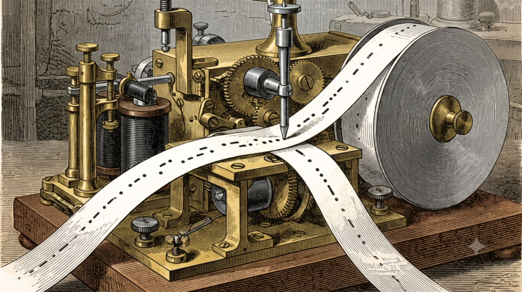 Gravura antiga receptor mecânico de Samuel Morse em funcionamento, mostrando a marcação da mensagem em fita de papel.