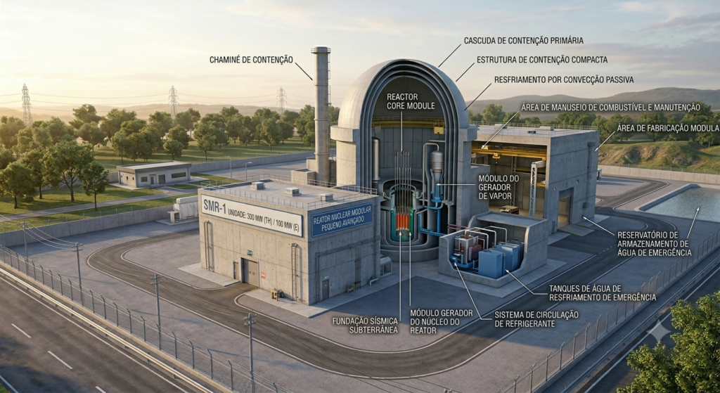 Render da planta de instalação de um SMR - pequeno reator nuclear.