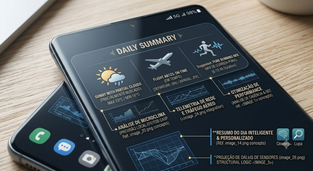 Tela do Galaxy S26 Ultra exibindo o widget de resumo diário inteligente Now Brief na interface One UI.
