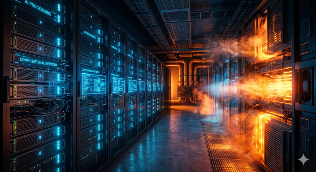 Corredor de servidores de data center de IA em alta temperatura precisando de resfriamento.