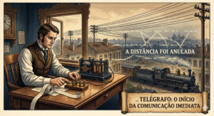 Homem operando o telégrafo de Morse dentro uma estação ferroviária em ilustração típica do século XIX.