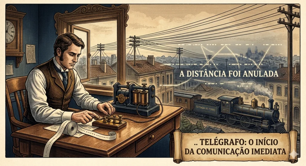 Homem operando o telégrafo de Morse dentro uma estação ferroviária em ilustração típica do século XIX.