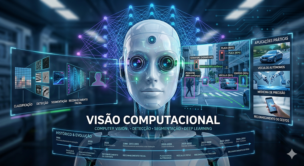 Face de robô humanóide com olhos de lentes de câmeras, simbolizando o conceito de visão computacional.