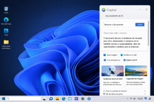 Interface do Microsoft Copilot integrado ao Windows 11 com recursos de inteligência artificial.