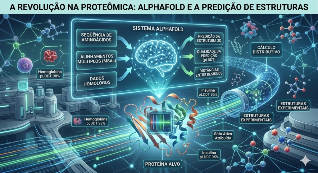 Infográfico tridimensional mostrando como o Alphafold trabalha, através dos ciclos de refinamento de informação.