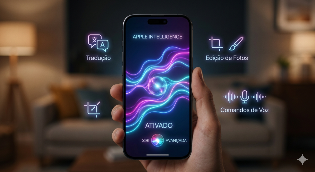 Tela de smartphone exibindo Apple Intelligence com ondas neon e ícones flutuantes de IA.