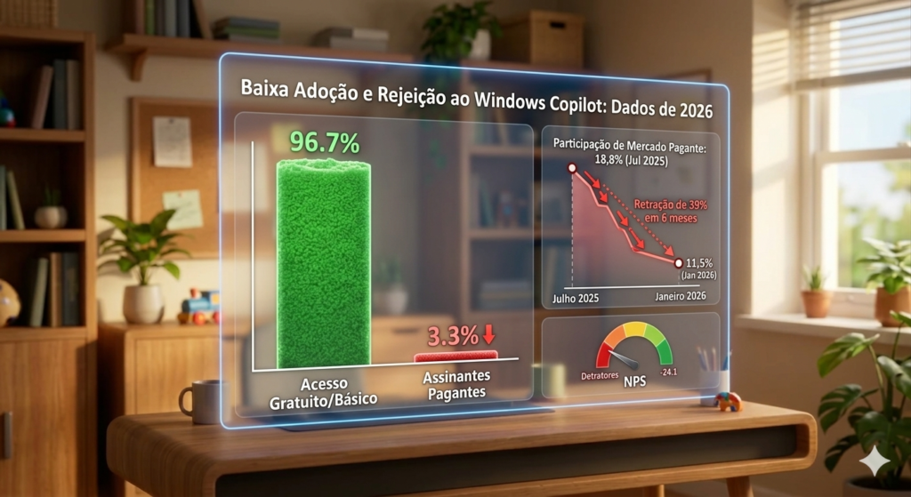 Infográfico holográfico demonstrando baixa adesão ao Microsoft Copilot no plano pago.