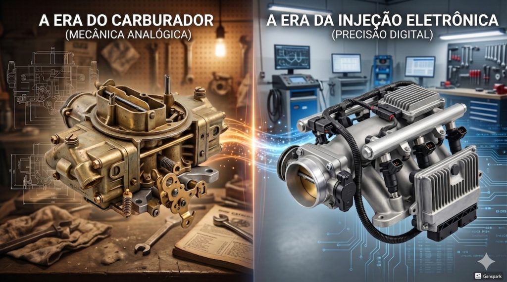 Comparação entre um carburador, do lado esquerdo; e sistema de injeção eletrônica do lado direito.