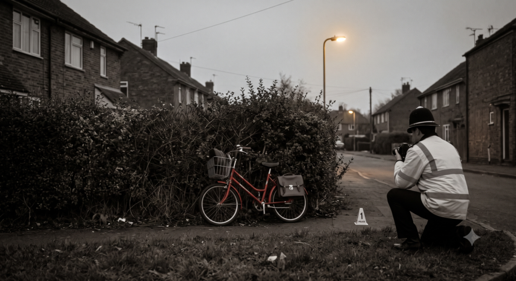 Bicicleta de Lynda Mann junto a uma cerca viva numa rua de Leicestershire.