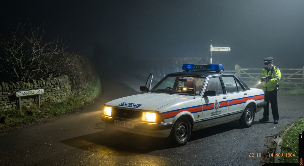Viatura policial britânica dos anos 80 em cena de crime.