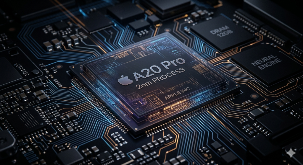 Processador Chip A20 Pro de dois nanômetros da Apple em circuito digital iluminado.