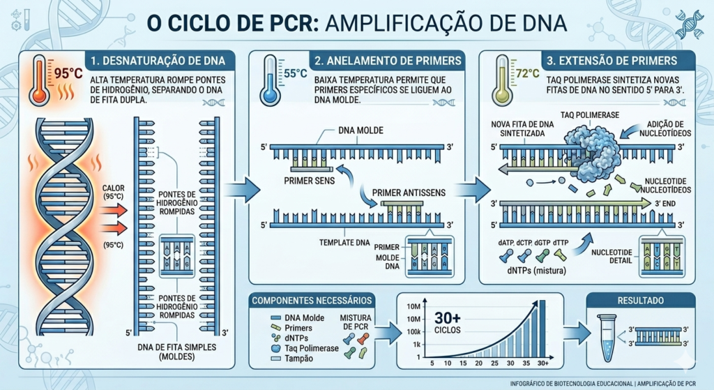 Infográfico mostrando as 3 etapas do ciclo do PCR - a amplificação do DNA.