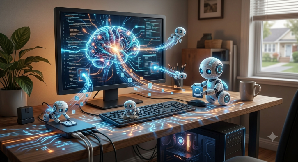 Cérebro holográfico dando ordens para robôs executarem tarefas no computador simbolizando o Claude Cowork trabalhando.