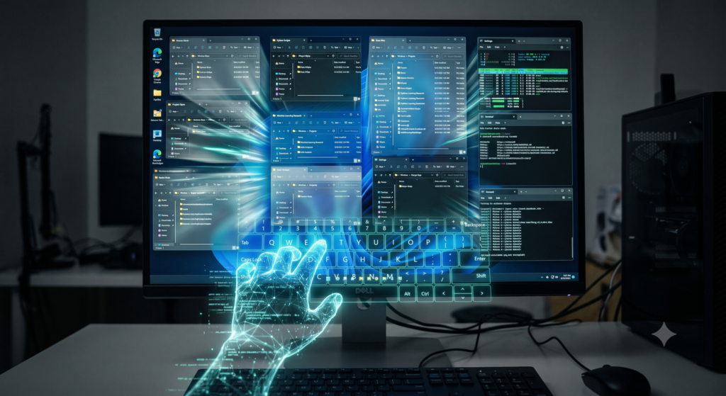 Monitor exibindo múltiplas janelas organizadas do Windows e uma mão holográfica simulando o uso do teclado pela IA agêntica.