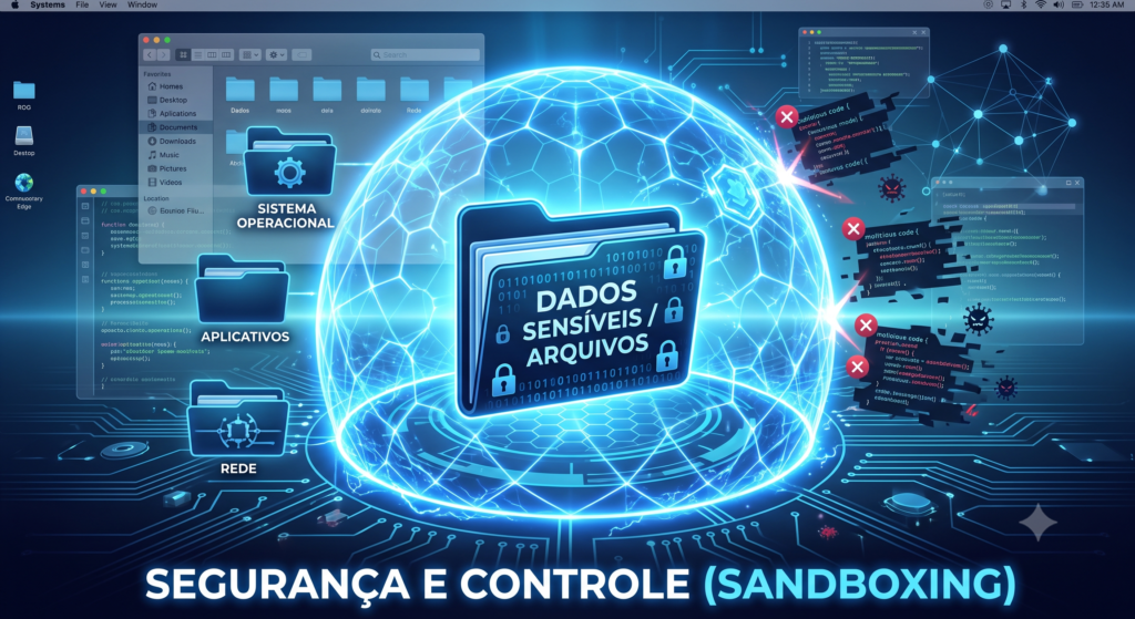 Pasta de dados sensíveis protegida por uma bolha holográfica simbolizando a segurança do sandbox.