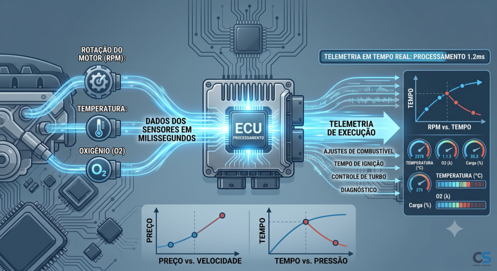 Ilustração de uma central eletrônica ECU enviando linhas de dados digitais que representam a leitura rápida de sensores.