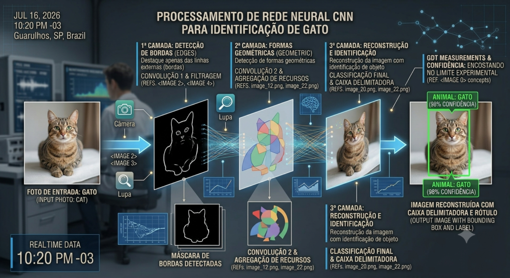 Infográfico mostrando as camadas de processamento de uma rede neural convolucional ao identificar um gato.