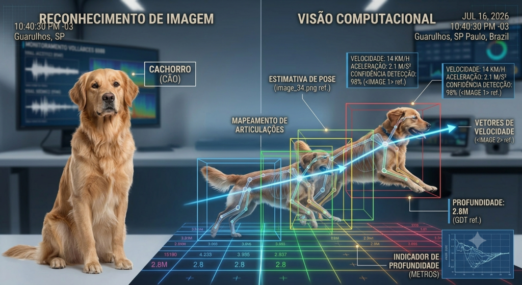Comparativo mostrando uma imagem estática de um cão versus o mapeamento 3D de movimento do mesmo cão.