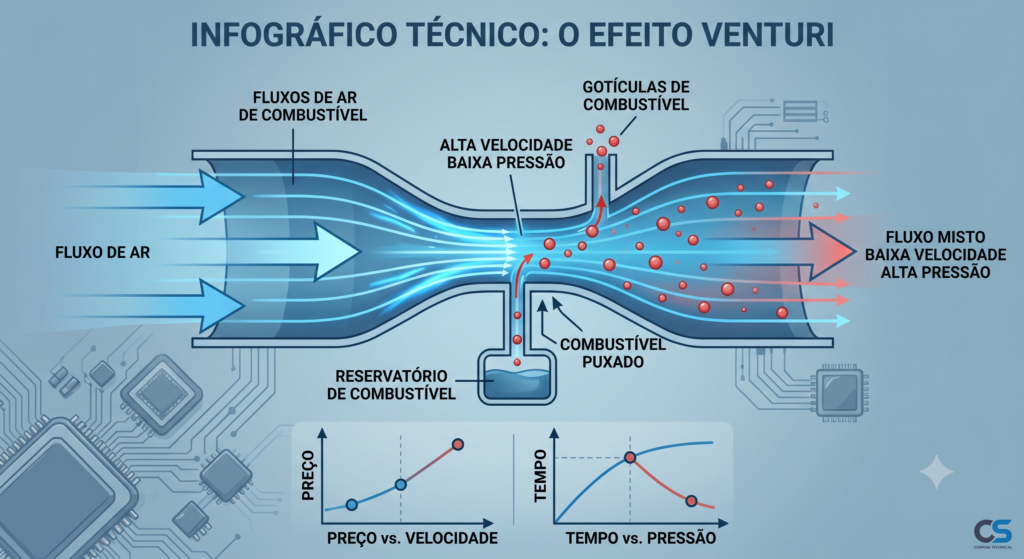 Diagrama explicativo do Efeito Venturi mostrando o ar puxando o combustível dentro de um tubo de carburador.
