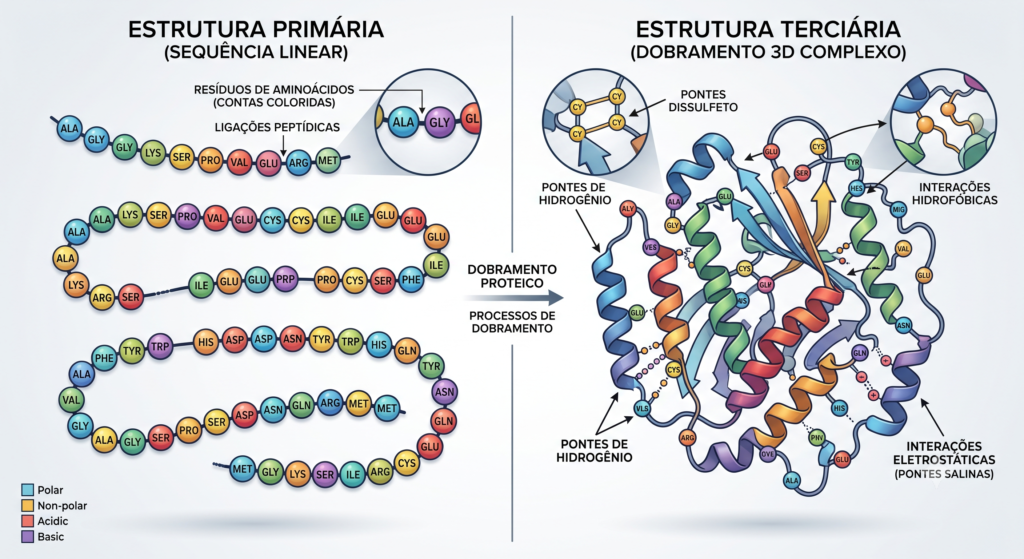 Esquema mostrando uma sequência linear de aminoácidos à esquerda e seu enovelamento em estrutura 3D à direita.