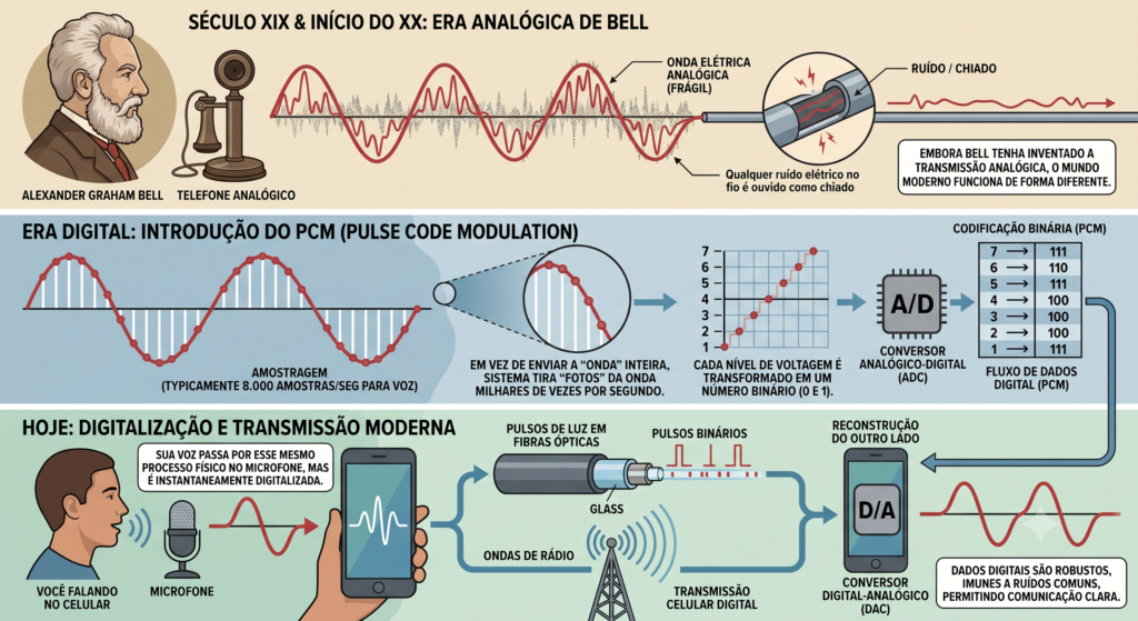Infográfico mostrando a evolução da telefonia: da corrente elétrica ao bit.