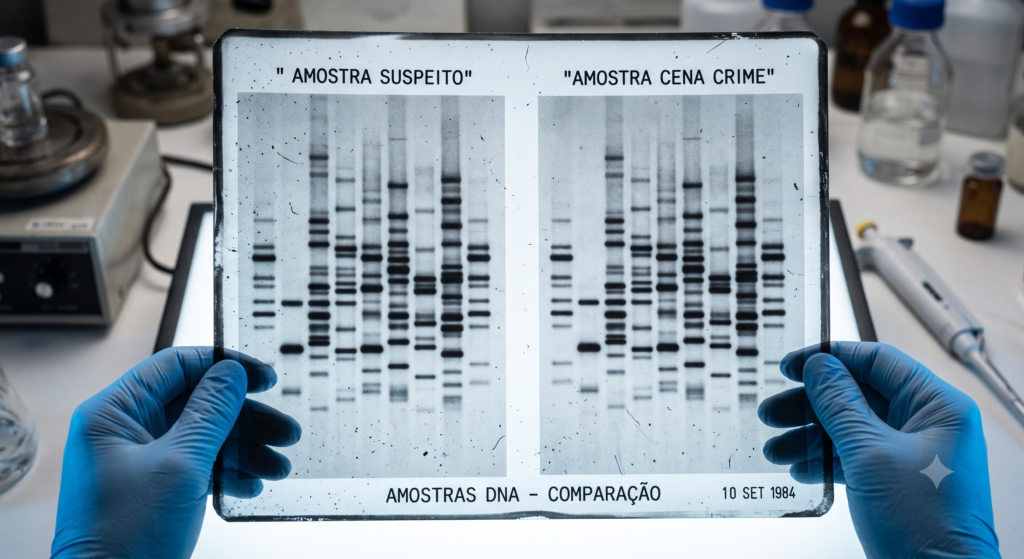 Visão em primeira pessoa de perito forense comparando amostras de DNA da cena do crime e do suspeito.