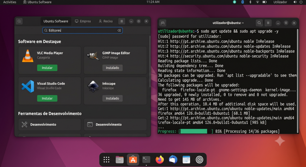 Tela de sistema Linux mostrando uma loja de aplicativos e uma janela de terminal de linha de comando aberta ao lado.