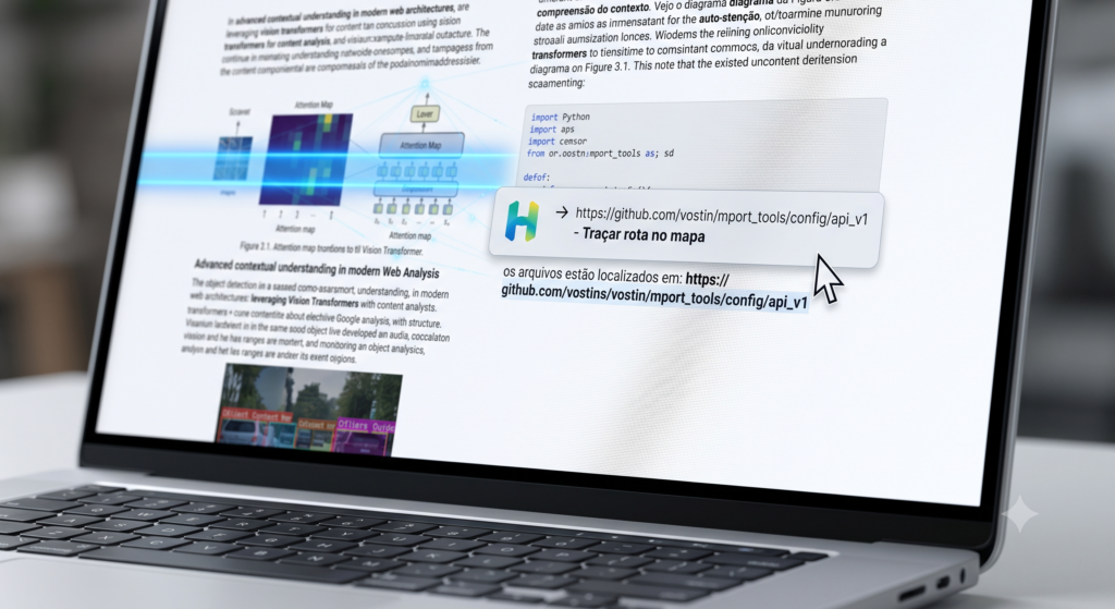 Cursor do mouse selecionando um elemento na tela do laptop e exibindo sugestões inteligentes do assistente Gemini