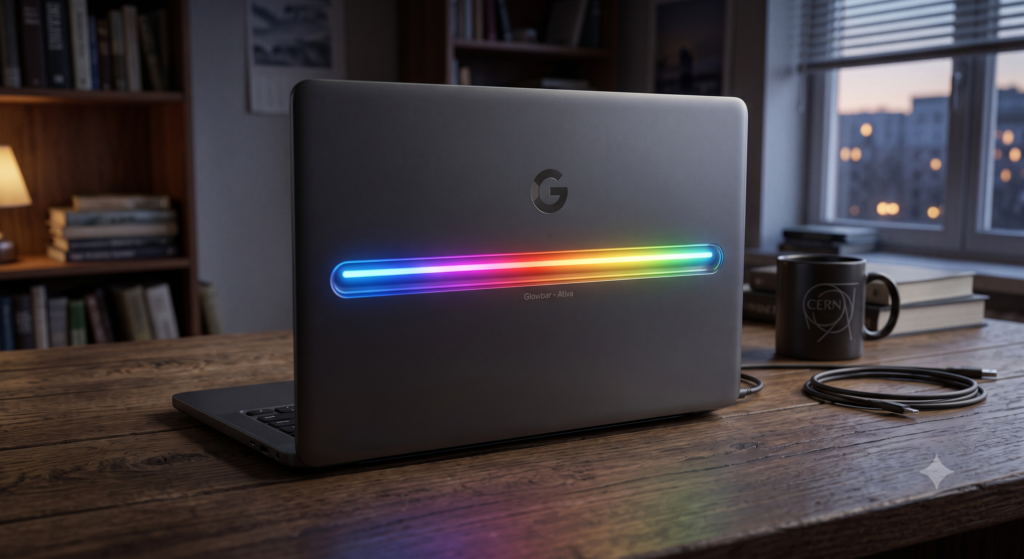 Tampa de um laptop premium com uma barra de LED colorida acesa, destacando o acabamento visual da linha Googlebook.