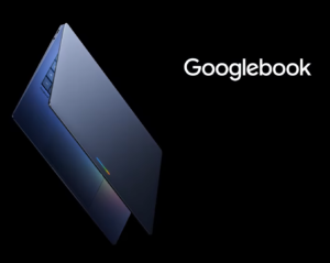 Notebook premium Googlebook em fundo preto e nome em letras brancas, exibindo LED colorido Glowbar na tampa.