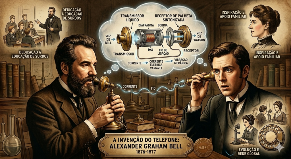 Graham Bell falando com Watson pela primeira vez na história do telefone.