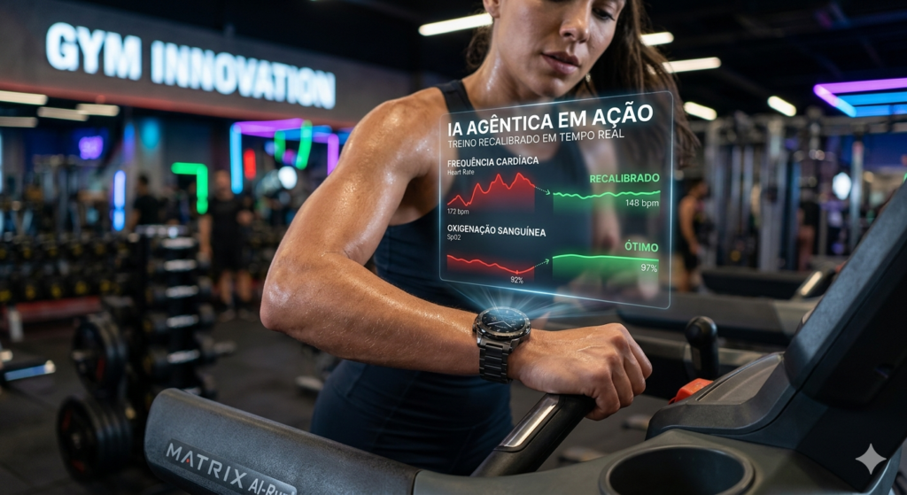 Smartwatch projetando gráficos de ajuste de treino em tempo real por IA agêntica.