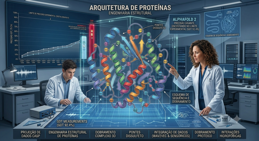 Linhas de desenho técnico e plantas de engenharia projetando uma proteína tridimensional.