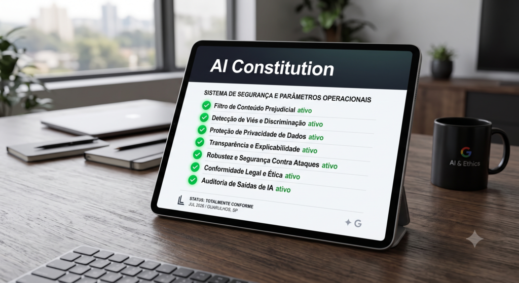 Tablet digital exibindo uma lista de parâmetros de segurança e regras da IA Constitucional - ou Constitucional AI.
