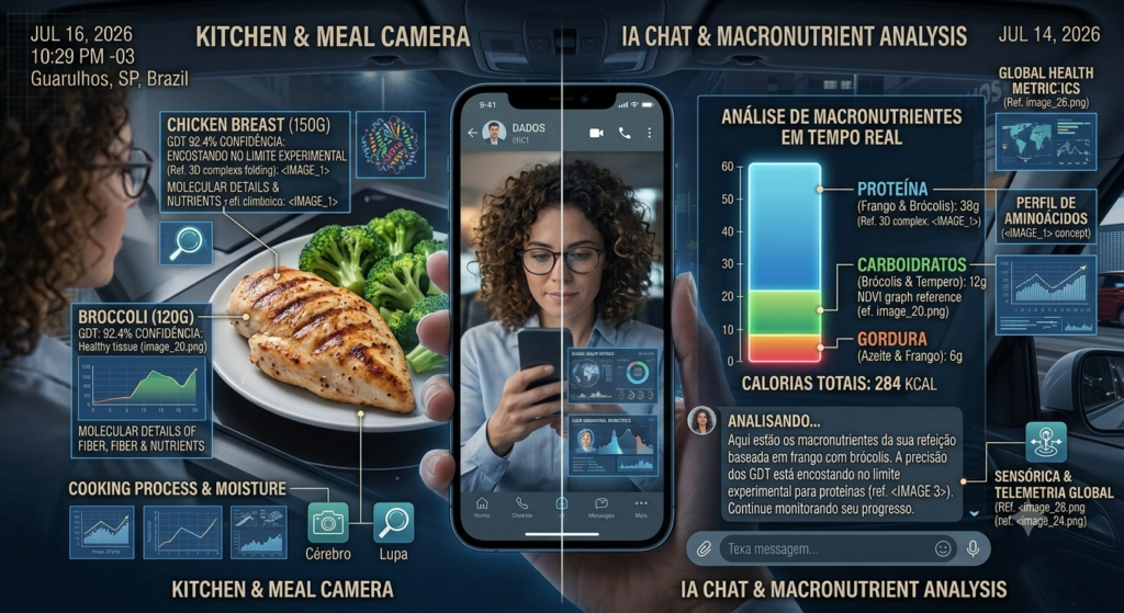 Smartphone usando inteligência artificial multimodal para identificar comida e calcular calorias na tela.