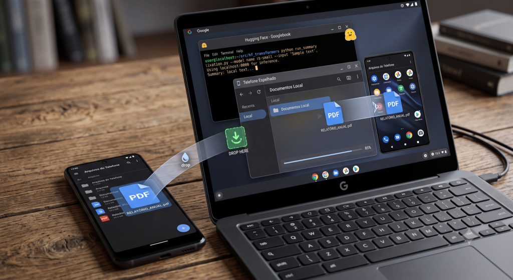 Smartphone Android ao lado de um Googlebook mostrando espelhamento de aplicativos e integração de arquivos entre eles.