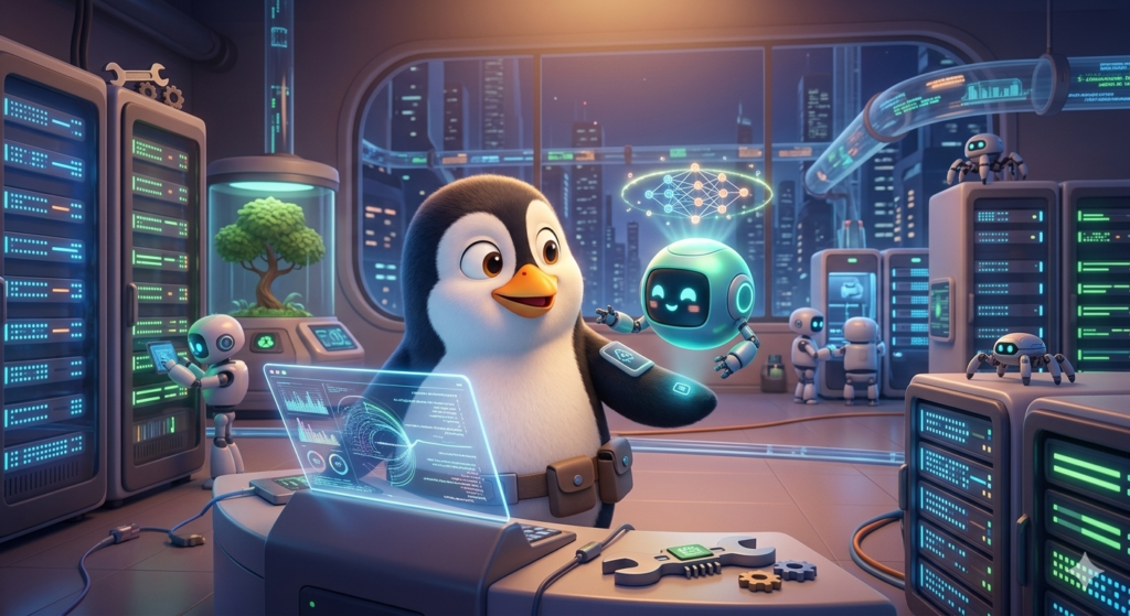 Pinguim símbolo do Linux interagindo com robôs inteligentes, simbolizando o conceito de IA no Linux.