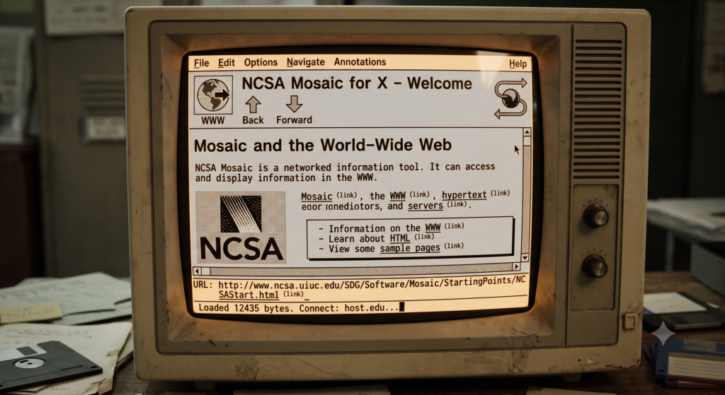 Tela de computador antigo mostrando a interface gráfica do Mosaic, o primeiro navegador popular da internet.
