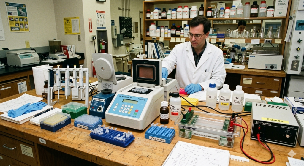 Laboratório de biotecnologia dos anos 1990 com ciclador térmico e outros equipamentos para PCR DNA.