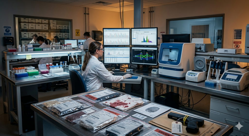 Peritos em moderno laboratório de DNA forense analisando evidências de cena de crime com equipamentos avançados.