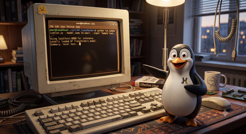 Pinguim do Linux mostrando IA local Hugging Face + Transformers rodando na tela do computador.