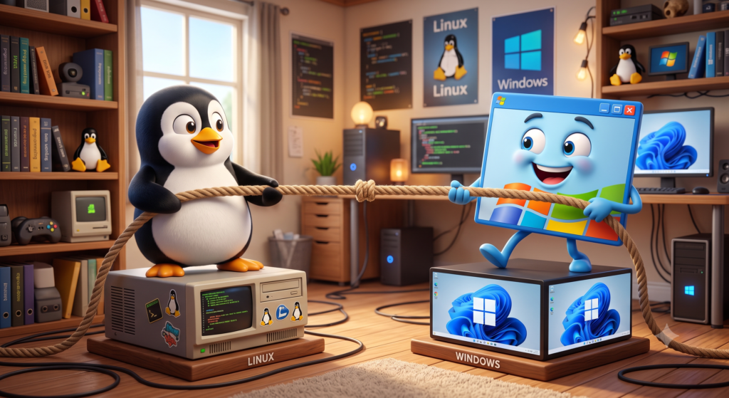 Pinguim do Linux disputando cabo de guerra com a janela animada símbolo do Windows, ilustrando o comparativo entre os sistemas.