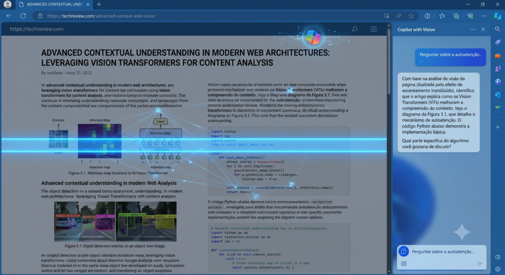 Tela do navegador Edge com a barra lateral do Copilot simulando a análise visual e contextual de uma página web.