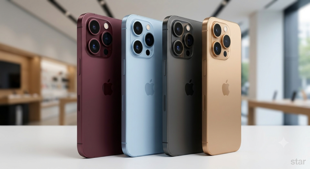 Smartphones 18 premium alinhados exibindo as novas cores Dark Cherry, Light Blue e cinza titânio